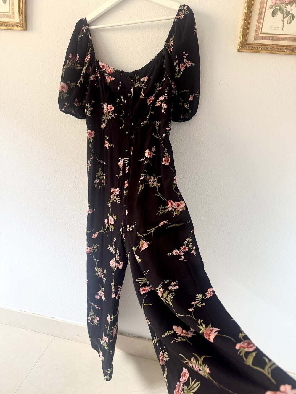 ASOS Design Black Floral Wide Leg Jumpsuit, Puff Sleeves, Button Front, Size 12